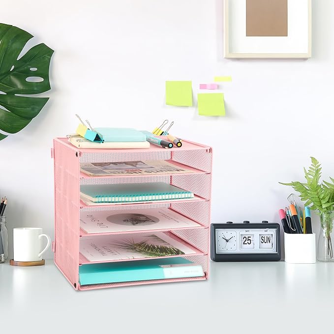 5 Slot Mesh Desk Organizer Tray, File Paper Letter Folder Holder Desktop Paper Sorter Mail Organization Rack Storage Accessories, for Office Home School Classroom, Pink