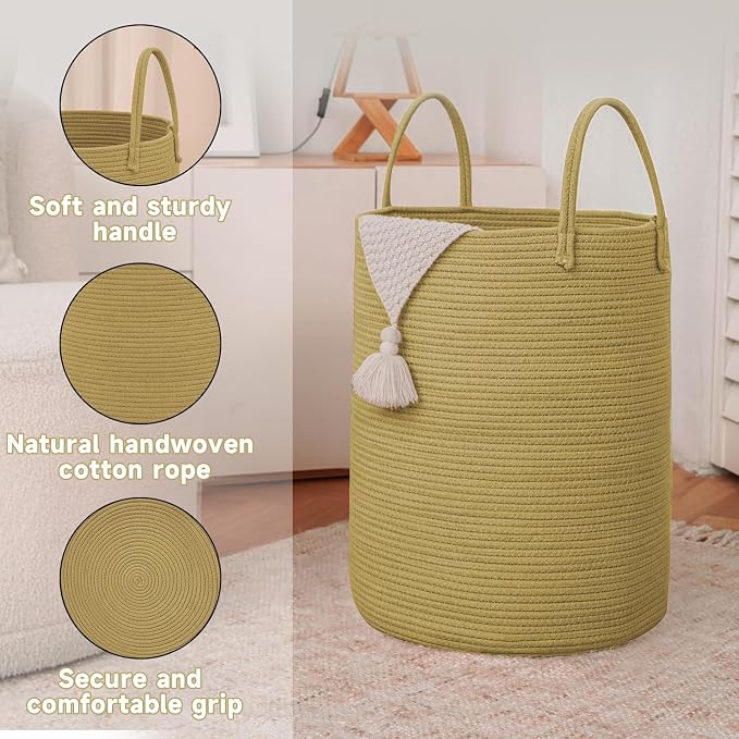 JMvicyroam 80L Cotton Rope Laundry Basket Hamper, Jute | Collapsible laundry basket, reinforced handles, freestanding, machine washable, holds 3-5 thick blankets, clothes or toys