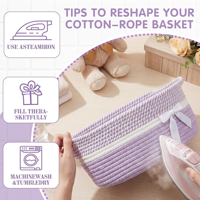 Colingmill 1 Set Woven Empty Basket for Gift,Light Purple White | with Cellophane Wrap Set, 14 x 10 x 5.5 Inch, Medium Decorative Gift Basket, Cotton Rope Storage Box, Home Decor