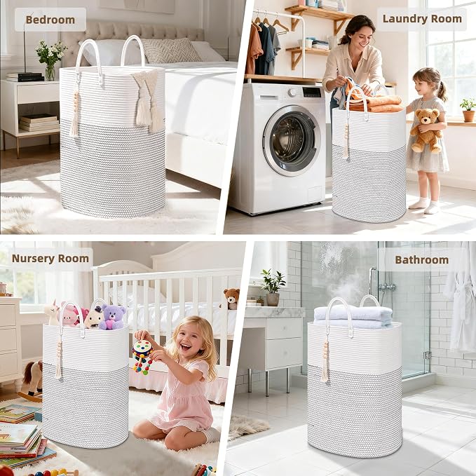 Woven Laundry Basket for Clothes, 65L Large Rectangle Laundry Hampers, Nursery Storage Basket for Toys, Tall Dirty Clothes Hamper for Bedroom Aesthetic, Bathroom, Laundry Room