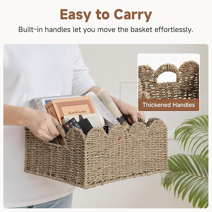 StorageWorks Scalloped Seagrass Baskets, Hand-woven Rattan Baskets with Built-in Handles, Cute Baby Basket for Nursery, Basket for Organizing and Decor, 15"L x 11"W x 6¾"H