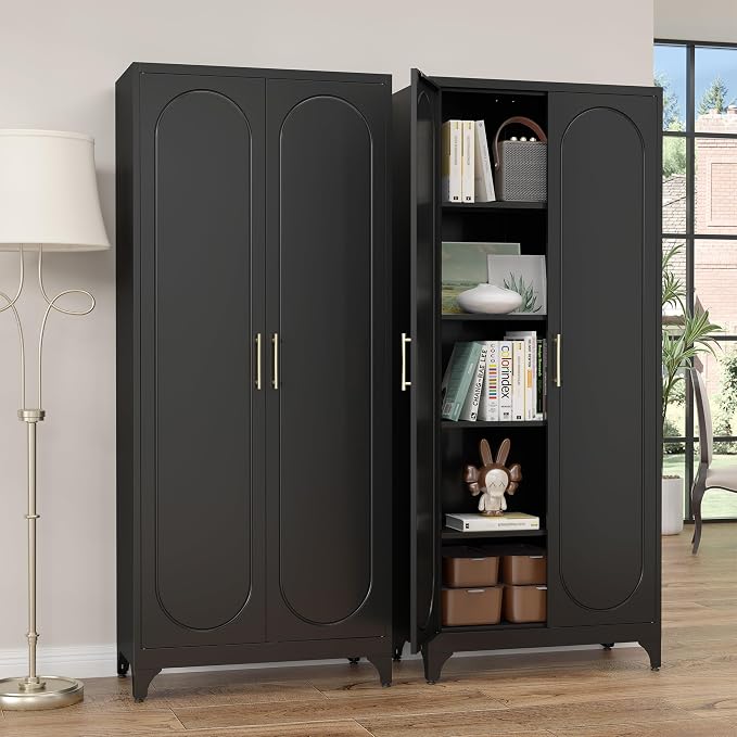 Steeloong 75"Metal Pantry Storage Cabinet with Doors & 4 Adjustable Shelves | Kitchen Pantry Cabinet,Black Tall Pantry Cabinet for Kitchen Storage,Storage Cupboard for Living Room,Pantry,Garage,Bathroom