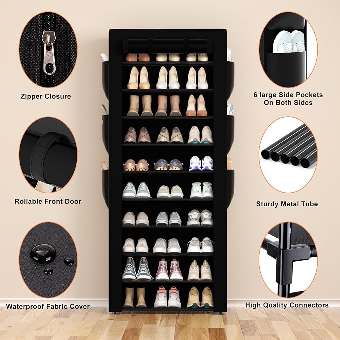 OYREL Large Shoe Rack, Black, 6 Side Pockets, 23.6" Wide x 11.4" Deep x 68.9" Tall, 36-41 Pairs of Shoes | Space Saving Fabric Cover Shoe Organizer Shelf for Closet, Bedroom, Garage, Entryway, Narrow Free Standing Cabinet Holder