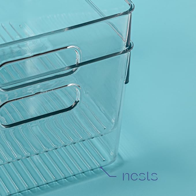 Plastic Food Storage 2 Pack Clear Container Bin with Handles for Organizing Kitchen, Pantry, Refrigerator, Freezer, Pantry, Cabinet, Closet, Bathroom. 10”x7.5”x5.3”