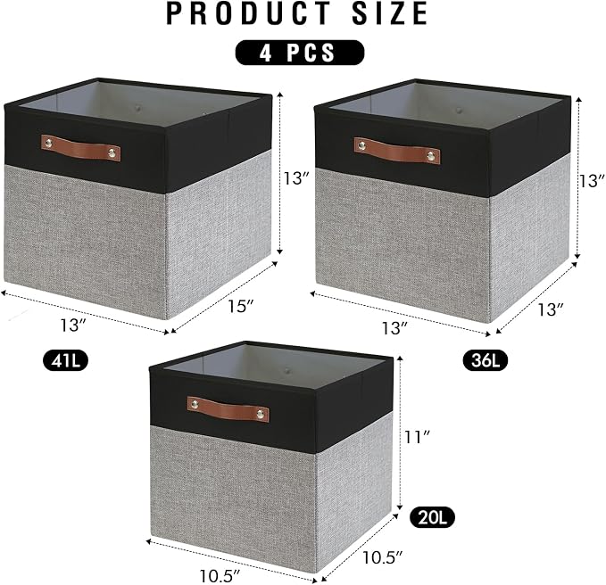 Bagnizer 13x15x13 Storage Cube Bins, Foldable Storage Organizer Baskets, Fabric Cube Storage Boxes with 2 Reinforced PU Handles for Kallax, Shelves, Living Room | 4 Pack, Black & Gray