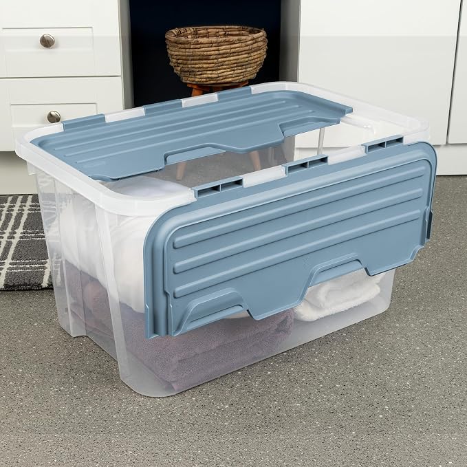 Sterilite 18 Pack Hinged Lid Storage Box, 60 Qt Plastic Container, Washed Blue - Home Organizer Tote for Storing Shoes, Crafts, Clothing, or Decor