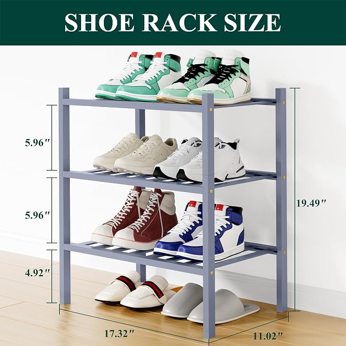 Smiry Bamboo Shoe Rack, 12 Vertical Slats, 3 Tier - 17.3" Wide, Grey | Stackable Free Standing Wooden Shoe Organizer, Wood Shoe Storage Shelf for Closet, Entryway