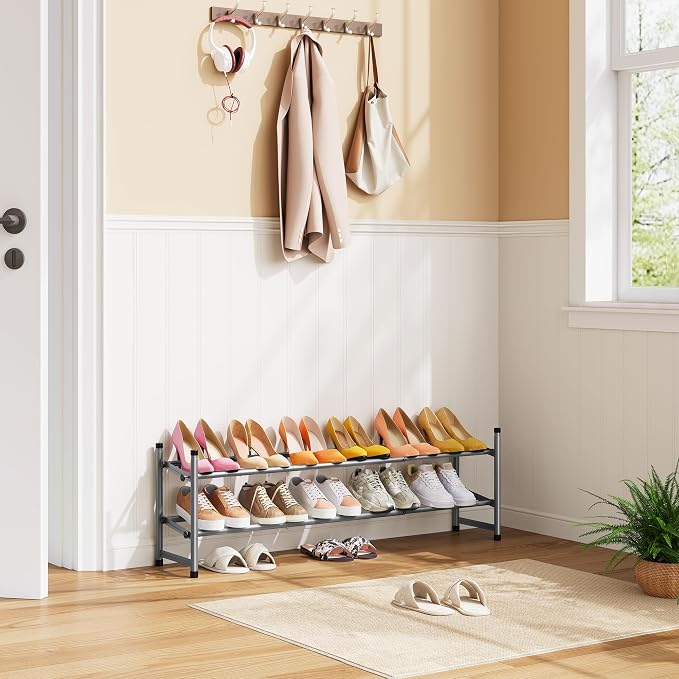Expandable Shoe Rack for Closet 2 Tier, 28“-41“Stackable, Grey | Adjustable Shoe Organizer Closet Shoe Rack Floor, Metal Shoe Shelf Storage for Entryway, Closet, Garage, Front Door Entrance