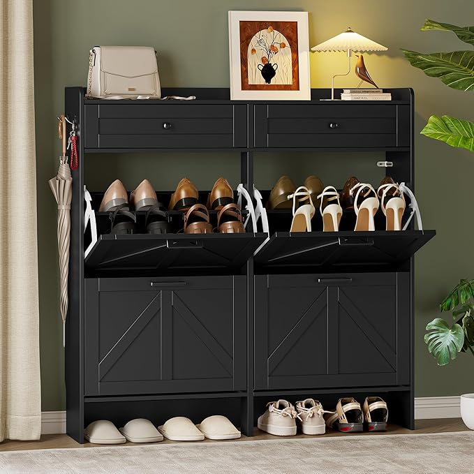 BORNOON Shoe Storage Cabinet for Entryway, Farmhouse Wide Shoe Cabinet with 4 Flip Drawers and 2 Top Drawers, Freestanding Organizer with Adjustable Shelves, Hooks, and Anti-Tip Kit for Hallway