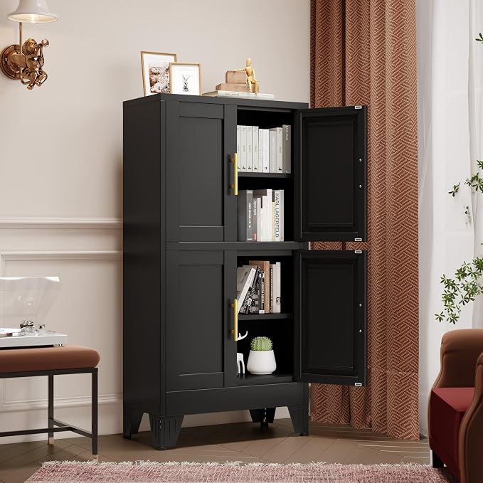 GAIOUS 47.25" Metal Storage Cabinet, Black Kitchen Food Storage with 4 Door and 2 Adjustable Shelves, Freestanding Bathroom Cabinet, Pantry for Kitchen Dinning Room, Cupboard
