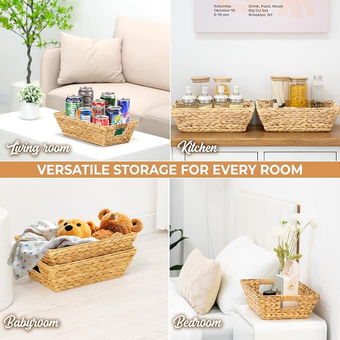 M4DECOR Set of 12 Water Hyacinth Wicker Storage Baskets for Shelves – Woven Snack Baskets for Organizing Pantry, Closet – Natural Storage Bins with Handles (12 Packs)