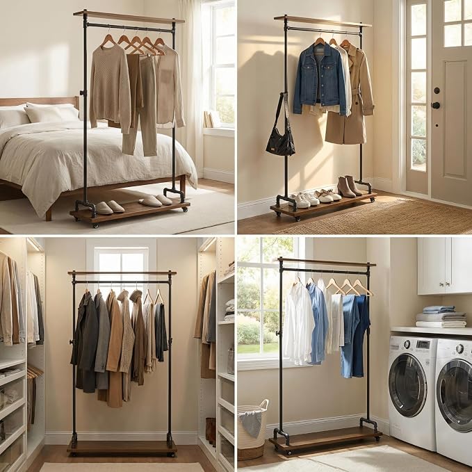 Industrial Pipe Clothing Rack, Wood Clothes Rack, Rolling Garment Rack | Heavy Duty, Sturdy Hanging Rod, Hall Tree on Wheels with Shelves, Shoes Storage and Hangers for Bedroom Retailer, Rustic