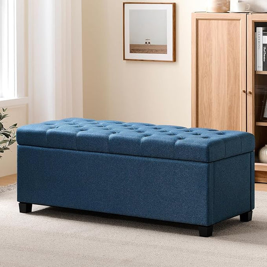 Living&Giving Storage Ottoman Bench for Bedroom, 47.2", Navy Blue | 47.2-inch storage ottoman with safety hinge, tufted upholstered seat and spacious hidden storage for everyday organization.