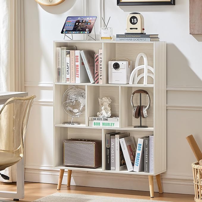 LEYAOYAO Cube Bookshelf, Mid-Century Modern Book Shelf with Legs,Light Grey | 3 Tier Bookcase, Rustic Wood Bookshelves Freestanding Small Storage Organizer, Open Shelves for Bedroom, Living Room, Office