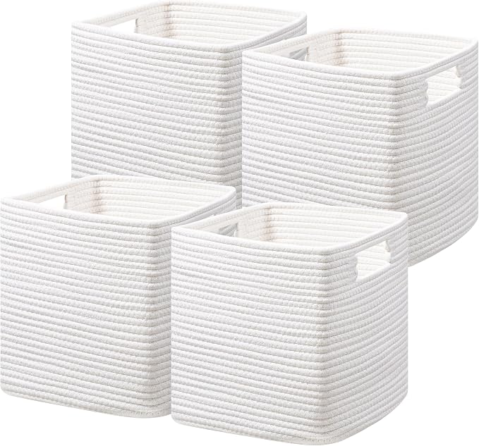 UBBCARE Set of 4 Cotton Rope Basket 13 X 13 X 13 Inches, Woven Storage Baskets for Shelves, Organizing with Handles, Cube Storage Bins for Storage Books, Magazines, White