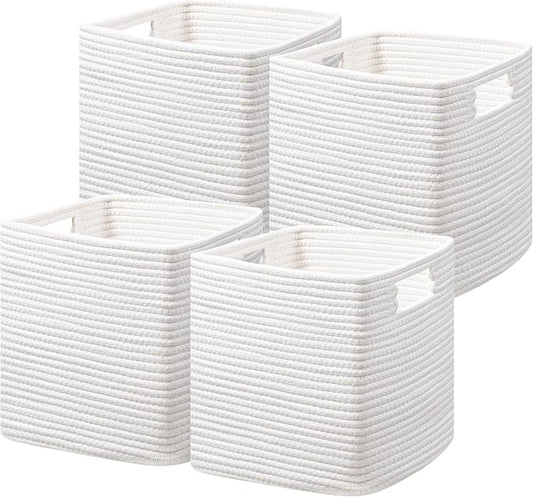 UBBCARE Set of 4 Cotton Rope Basket 13 X 13 X 13 Inches, Woven Storage Baskets for Shelves, Organizing with Handles, Cube Storage Bins for Storage Books, Magazines, White