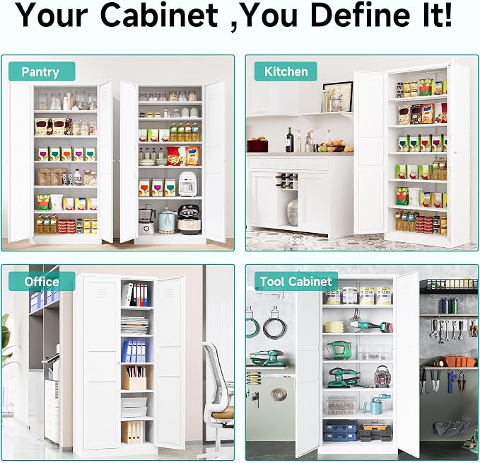 SISESOL 71" Tall Pantry Cabinet with 2 Doors and 5 Shelves,Kitchen Pantry Storage Cabinets,White Metal Storage Cabinet,Wide Deep Food Cupboard for Home,Kitchen,Dining/Living Room