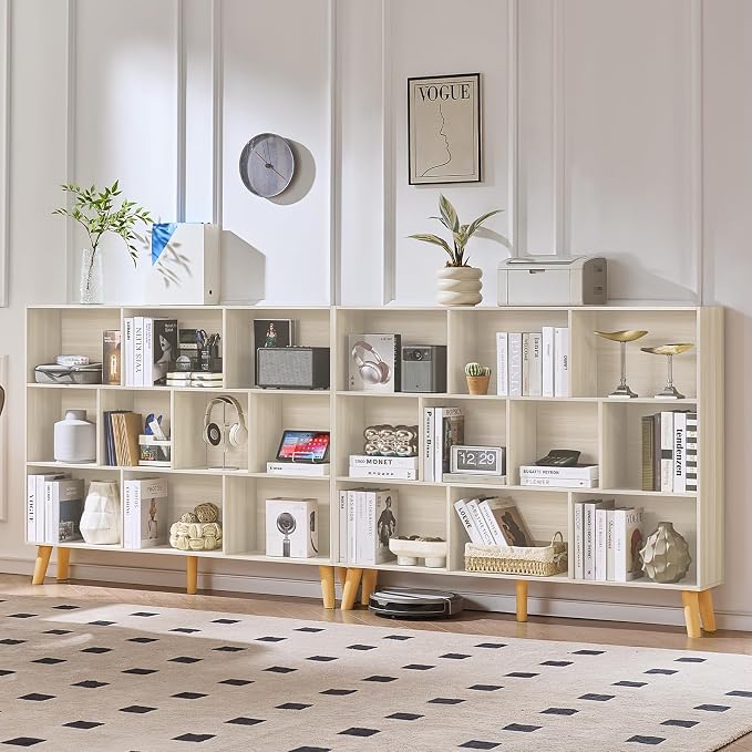 LEYAOYAO 10 Cube Bookshelf,Mid-Century Modern Bookcase with Legs,Light Grey | 3 Tier Book Shelf, 55" Wide Rustic Wood Bookshelves Large Storage Organizer, Open Shelves for Bedroom, Living Room, Office