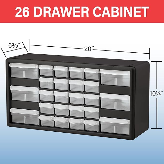 Akro-Mils 26-Drawer Plastic Storage Cabinet, 20"W x 6"D x 10"H, Yellow | Plastic Cabinet w/ Drawers for Garage Organization, Beads, Building Bricks Storage, Teacher Toolbox, Makeup Organizer, 10126