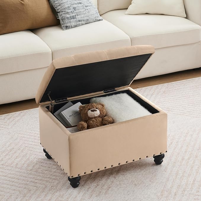 Zihanhome Velvet Storage Ottoman Bench, Button Tufted Ottoman with Hidden Storage, Upholstered Foot Rest Stool with Solid Wood Legs for Living Room, Bedroom, Entryway & Small Spaces (Khaki)