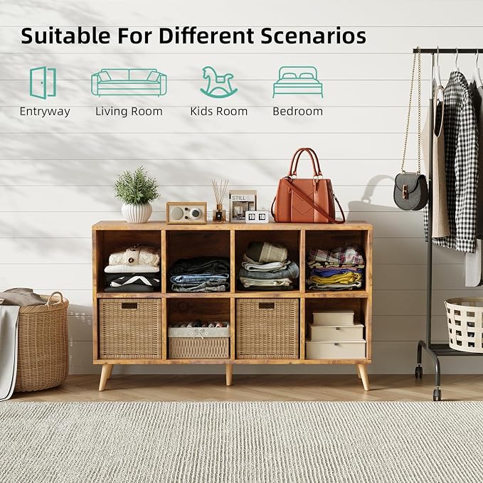 8-Cube Bookshelf 2 Tier Retro Bookcase with Legs, 11in Shelf Opening, 47" Wood Bookshelves Storage Organizer Shelf, Freestanding Open Book Shelves for Bedroom Living Room Office, Vintage Brown