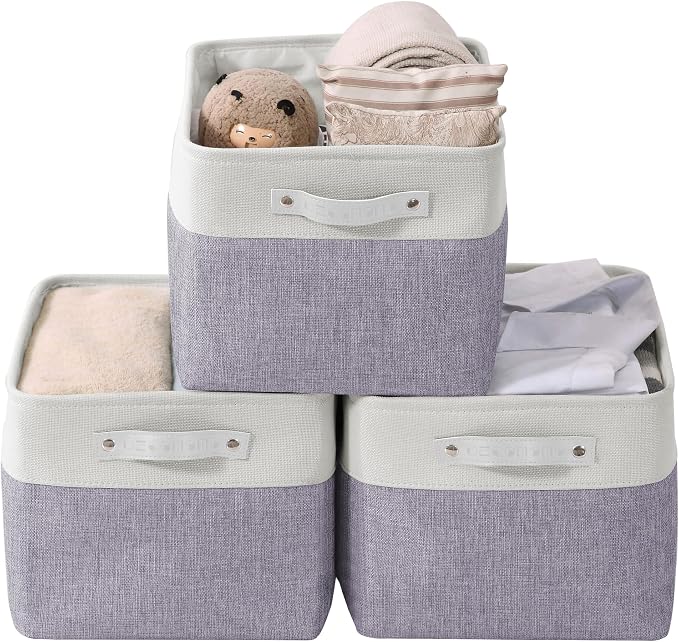 DECOMOMO Storage Bins, Large Fabric Storage Baskets for Shelves 3 Pack | 15 x 11 x 9.5 inches Decorative Linen Closet Organizers (Purple & White)