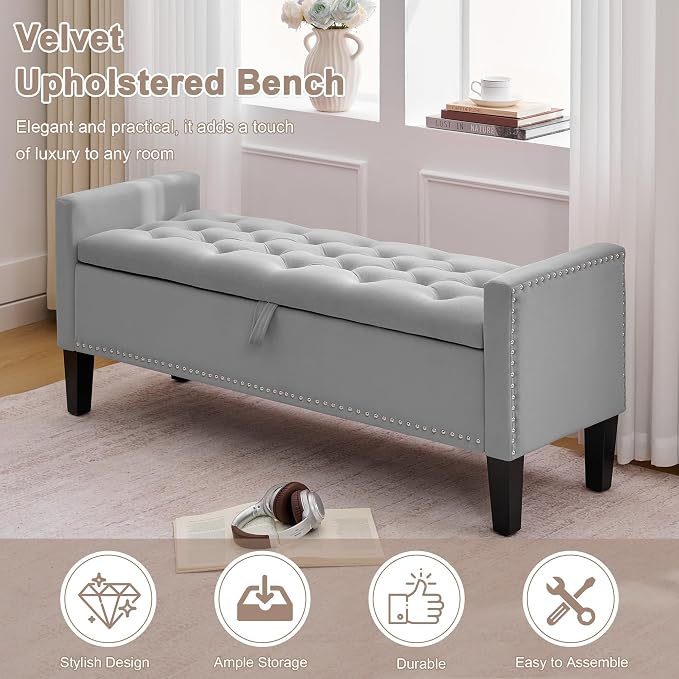 Storage Ottoman Bench, Velvet Upholstered Footstool for Bedroom and Living Room, Tufted Seat with Storage, Wooden Legs & Metal Rivets, Grey