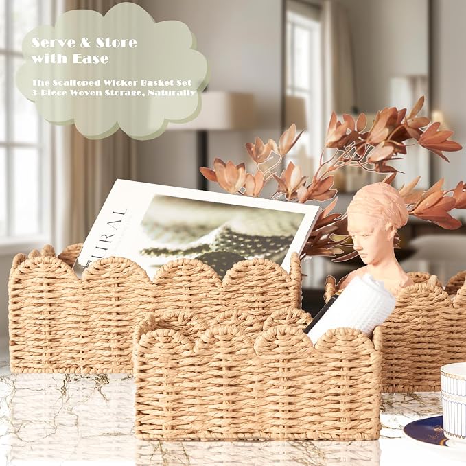 Scalloped Wicker Baskets Set of 3, Hand-Woven Storage with Handles | set of 3 tan scalloped baskets with handles. Hand-woven paper rope for shelves, bathroom or closet. Stackable, sturdy.
