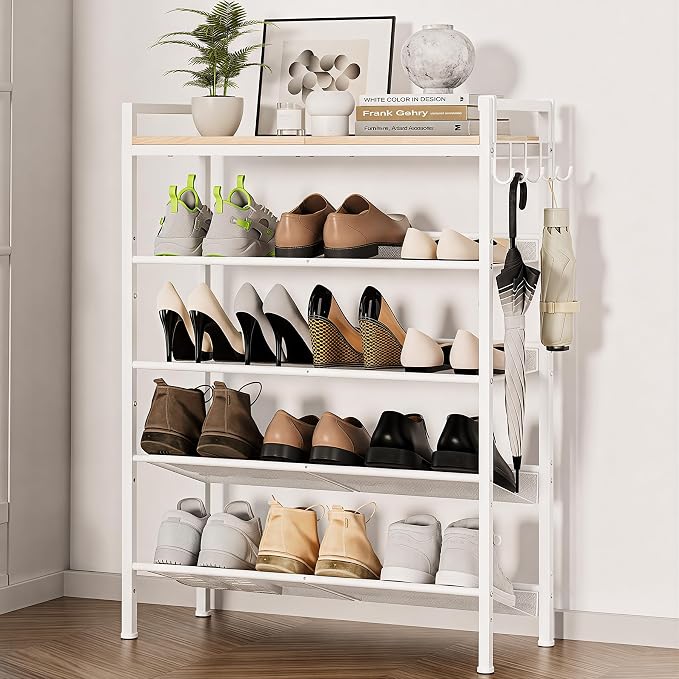 5 Tier Shoe Rack, Shoe Rack for Entryway with Hook, Shoe Organizer with Adjustable Mesh Shelves, Metal Shoe Storage, Closet, Bedroom Living Room Garage