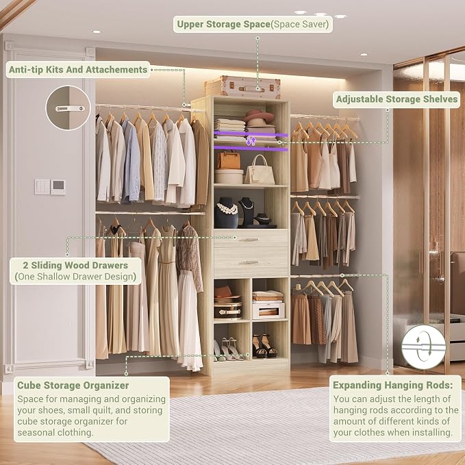 Besiost Closet System, 4-8 FT Closet Organizer Systems with 2 Wooden Drawers and 5 Hanging Rods, Can Fit 60 to 96 inch Walk-in Closet System, Greige Oak