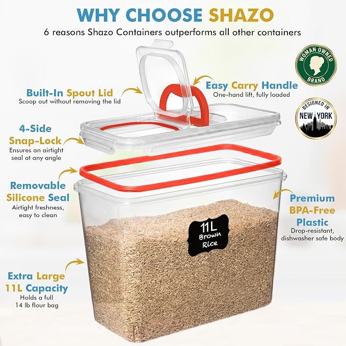 Shazo 2 PC (11L | 372 oz) Flour Sugar Storage Containers with Spout Lid & Easy Carry Handle - BPA Free Extra Large Airtight Food Storage Containers with Lids - Rice Canisters Sets for Kitchen & Pantry