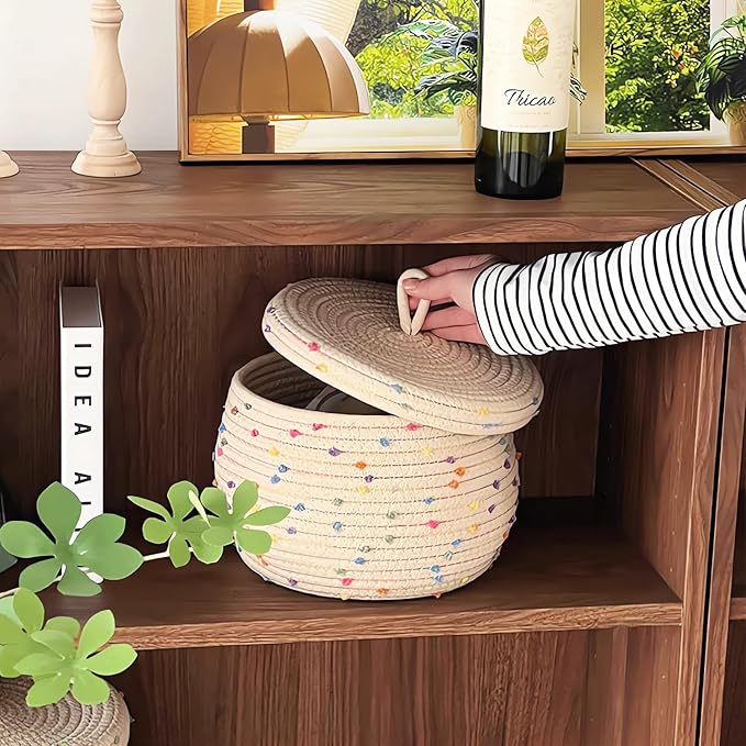 Small basket, Cute Woven Basket with Lid & Decorative Bin for Storage | small woven basket rope basket decorative basket gift basket