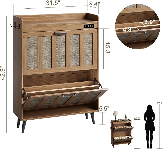 ChooChoo Shoe Storage Cabinet with 2 Flip Drawers and Deodorizer | Shoe Organizer Storage for Entryway, Freestanding Hidden Slim Narrow Shoe Rack Cabinet, Rustic Oak