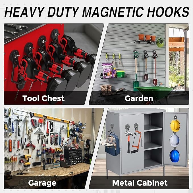 8 Pack Heavy Duty Storage Magnetic Utility Hooks Large Garage Strong Extra Magnet Hooks Hanger with Anti-Slip Coating Heavy Duty Magnetic Hooks for Hanging Power Dril Garage Garden Tools Black