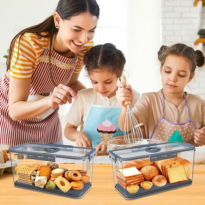 Honbuty 2PCS Bread Boxes,Bread Box for Kitchen Counter Airtight,Time Recording Bread Storage Container with Lid, Bread Keeper for Homemade Bread, Toast, Bagel, Donut and Cookies (Grey)