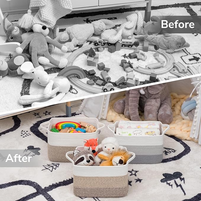 Goodpick Cotton Rope Closet Storage Bin, 13" x 10" x 9", Gradient Gray | Rectangle Gift Basket for Books, Towels & Toys Storage, Bedroom & Shelf Organization, Built-In Handles, Modern Home Decor