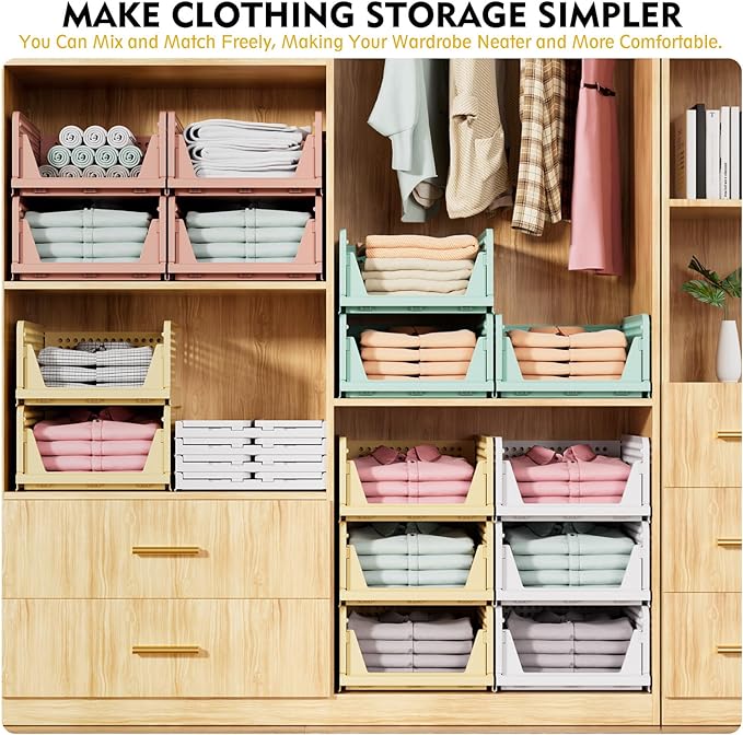 SNSLXH 5 Pack Stackable Closet Organizer Box, Multifunctional & Foldable Closet Storage Basket for Bathroom Kitchen Laundry Room Wardrobe Storage, Space-Saving Clothes Storage Drawer Organizer, Pink