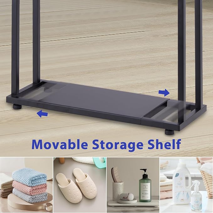39'' Tall Towel Racks for Bathroom, 2 Tier Towel Rack Stand with Storage Shelves, Free Standing Drying Rack for Outdoor, Black, ALHAKIN