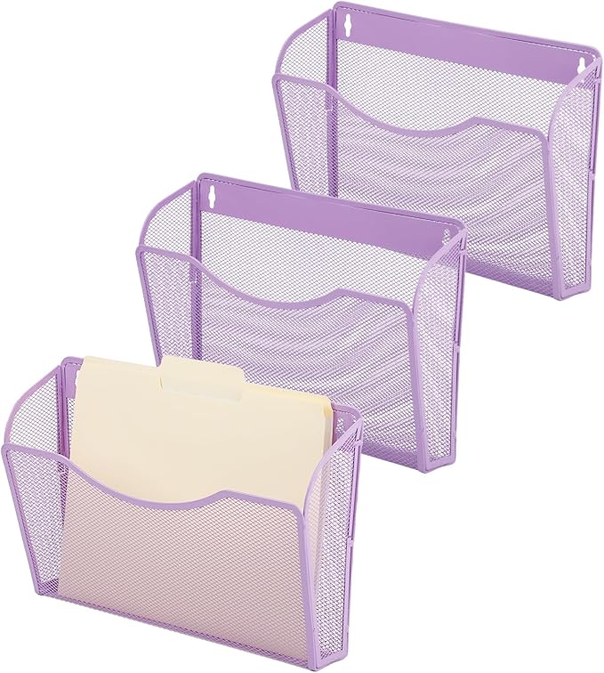 EASEPRES 3 Single Pocket Mesh Hanging File Organizer, Vertical Wall Mounted Magazine File Holder, Mount Basket Mail Paper Document Folder Organizing for Office, Home and School, Light Purple