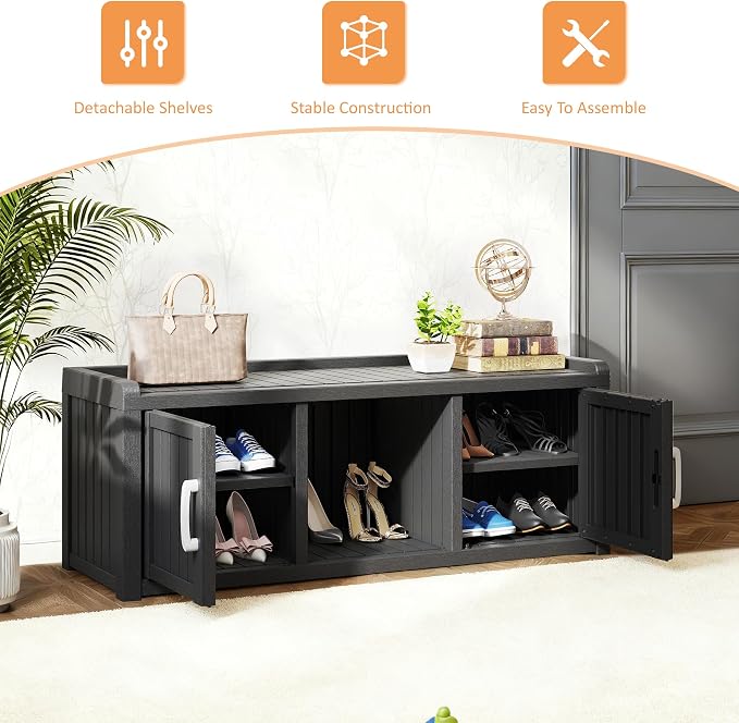 2-Tier Storage Bench, Waterproof UV-Resistant Outdoor Shoe Storage Cabinet with 2 Doors & Adjustable Shelves for Indoor Outdoor Entryway, Hallway, Living Room(Classic Black)