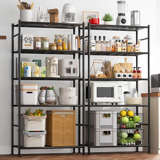 Sakugi Storage Shelves - Set of 2, 5-Tier Metal Shelf Organizer, Space-Saving Garage Shelving with Leveling Feet, Standing Shelves Organizer for Kitchen, Laundry, Pantry (33.1"x12.6"x72.0", Black)