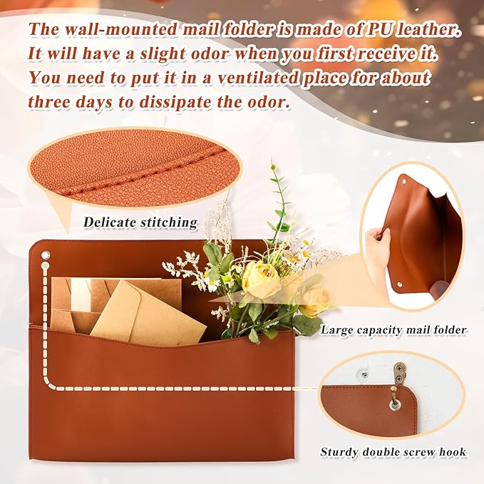 2 Set PU Leather Mail Holder Wall Mount 12.2x10.24 Inch Leather Letter Holder 2 Ring Binder Hanging Wall File Organizer Mail Sorter for Decor Storage Letter Postcard Flower Home Office(Brown)
