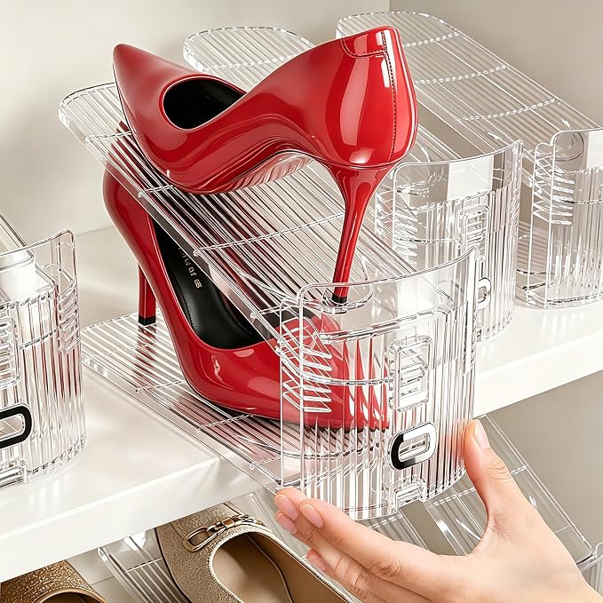 Shoe Stacker, Shoe Slot Organizer for Closet, Shoe Storage Rack | 12 Pack, Clear, 50% Space Saver, 3 Adjustable Height, Tool-Free Assembly, 30% Thicker, Superior Load Bearing