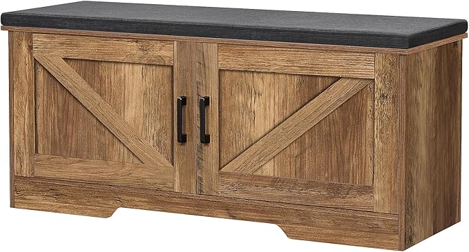 HOMSHO Farmhouse Shoe Storage Bench with 2 Barn Doors & Padded Seat Cushion | 39.4" Wide Entryway Bench with Adjustable Shelves & Hidden Storage, Rustic Walnut