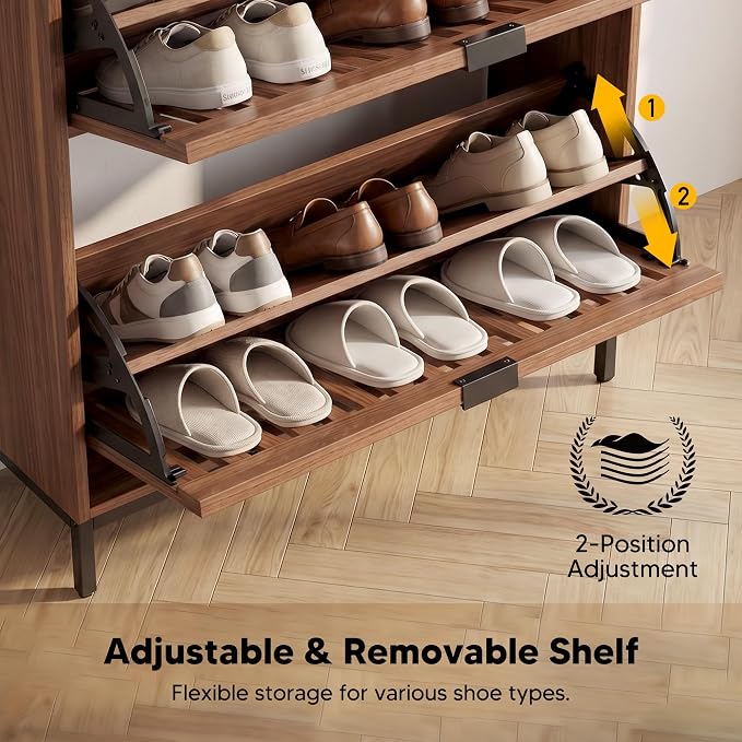 Shoe Cabinet for Entryway, Slim Freestanding Shoe Rack Organizer with 2 Flip Drawers, Narrow Hallway Storage Cabinet with Breathable Doors, Classic Walnut