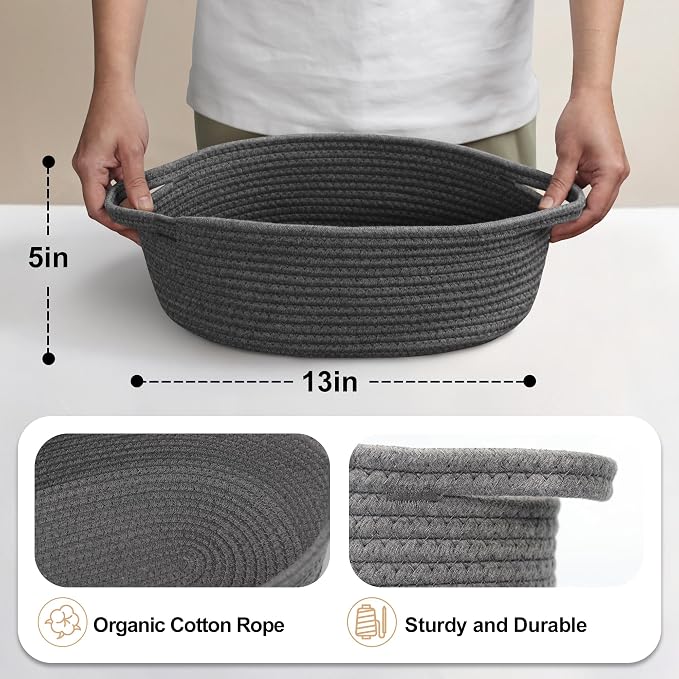 MEGASKET Small Rope Basket, Baskets for Gifts Empty, Cute Woven Basket for Dog Toy, Cat Toy Bin Box, Wicker Organizing Basket for Book, Baby Diaper, Towels, Snack, 13” x 9” x 5”, Dark Gray