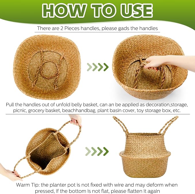 Qunclay 4 Pcs Woven Seagrass Baskets Belly Basket Folding Boho Natural Plant Pot with Handles Round Decorative Wicker Large Indoor Planter for Home Outdoor Tree Planters Decor (L,13''dx11''h)