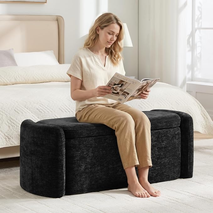 Oval Ottoman Bench with 20 Gal of Storage Space Upholstered Chenille Seat End of Bed Storage Bench Storage Ottoman with Storage for Bedroom, Living Room, Entryway, Window (Black)