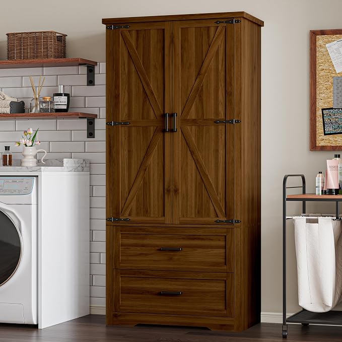 BORNOON Pantry Organizers and Storage Cabinet, 71” Barn Door White Kitchen Cabinet with Drawers and Adjustable Shelf, Tall Pantry for Kitchen, Dining Room, Living Room. Bathroom and Office