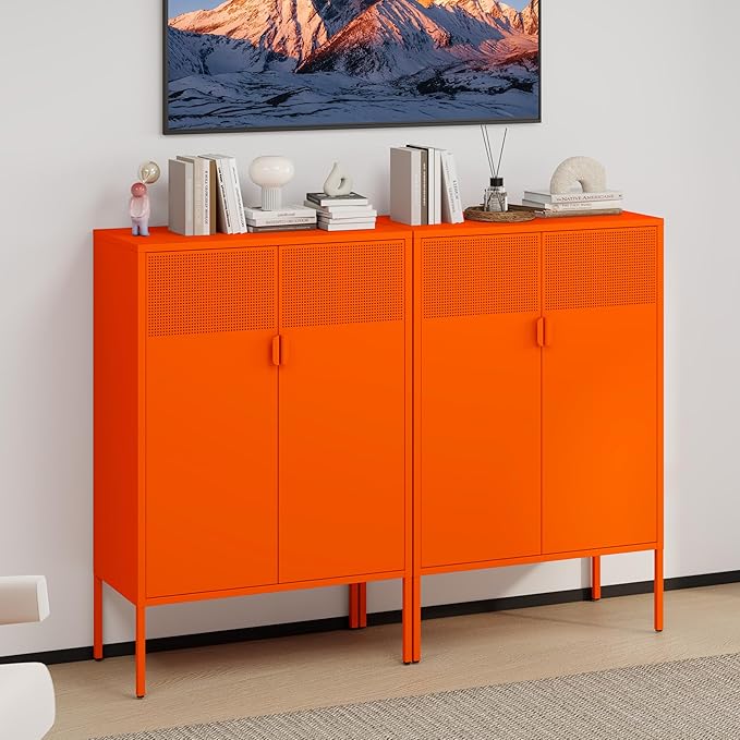 3-Tier Metal Storage Cabinet with 2 Adjustable Shelves & Mesh Doors | Metal Locker Accent Cabinet with Legs, Orange Storage Cabinets, Metal TV Stand Cabinet for Home Office, Entryway & Hallway